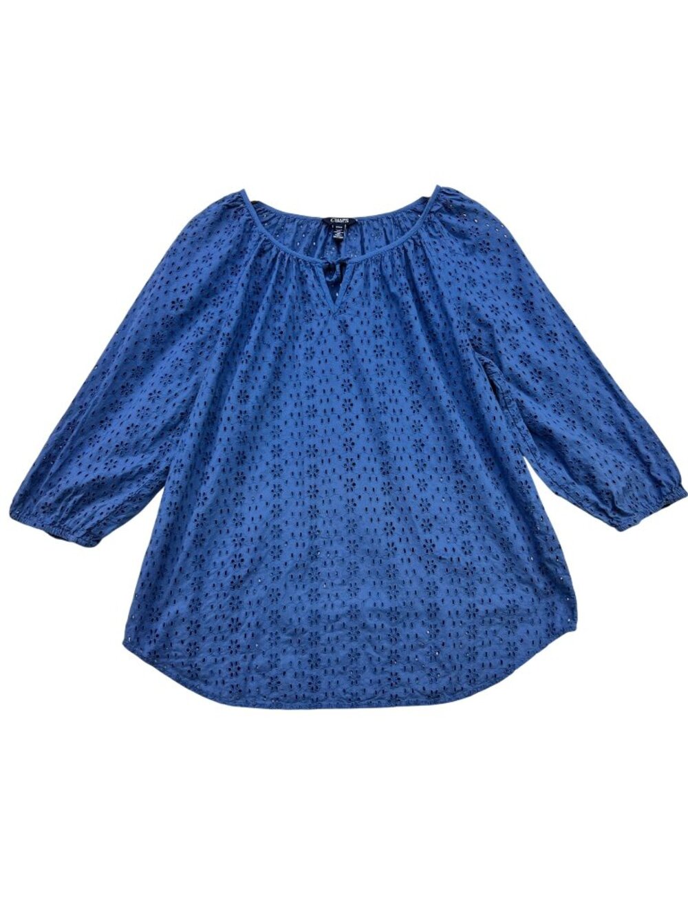 Chaps Womens Eyelet Floral 3/4 Sleeves Blouse Top Medium Blue Embroidered Casual